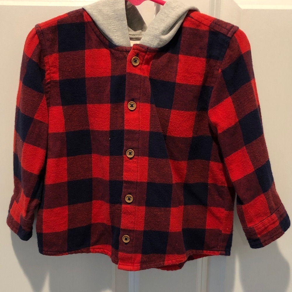 Red and Black Plaid Shirt with Gray Hood